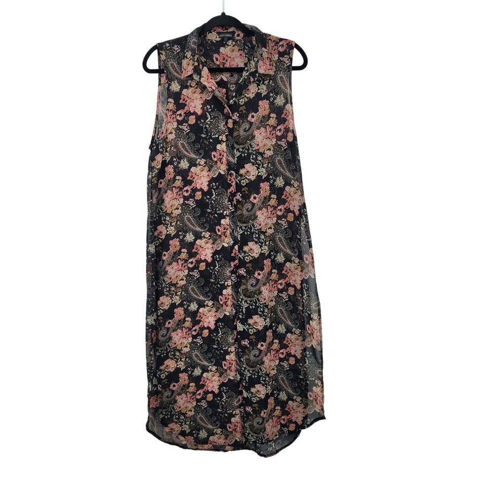 Whimsigoth Dark Romantic Floral Sheer Sleeveless Maxi Duster Vest Sz L/XL Blk